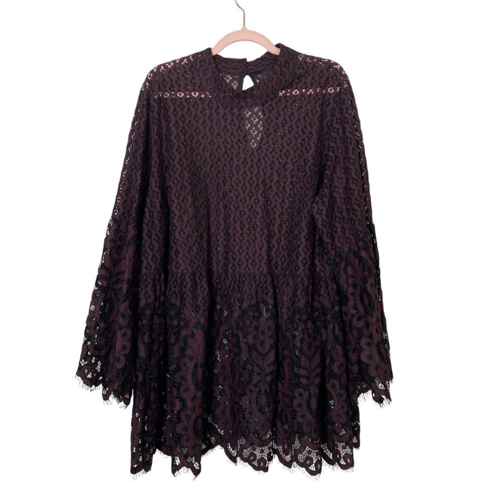 Lane Bryant Lace Blouse Top Size 26 Burgundy Black Floral Sheer Boho Scalloped